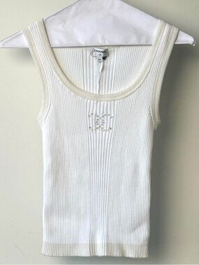 CHANEL White Ribbed Tank with Embroidered CC